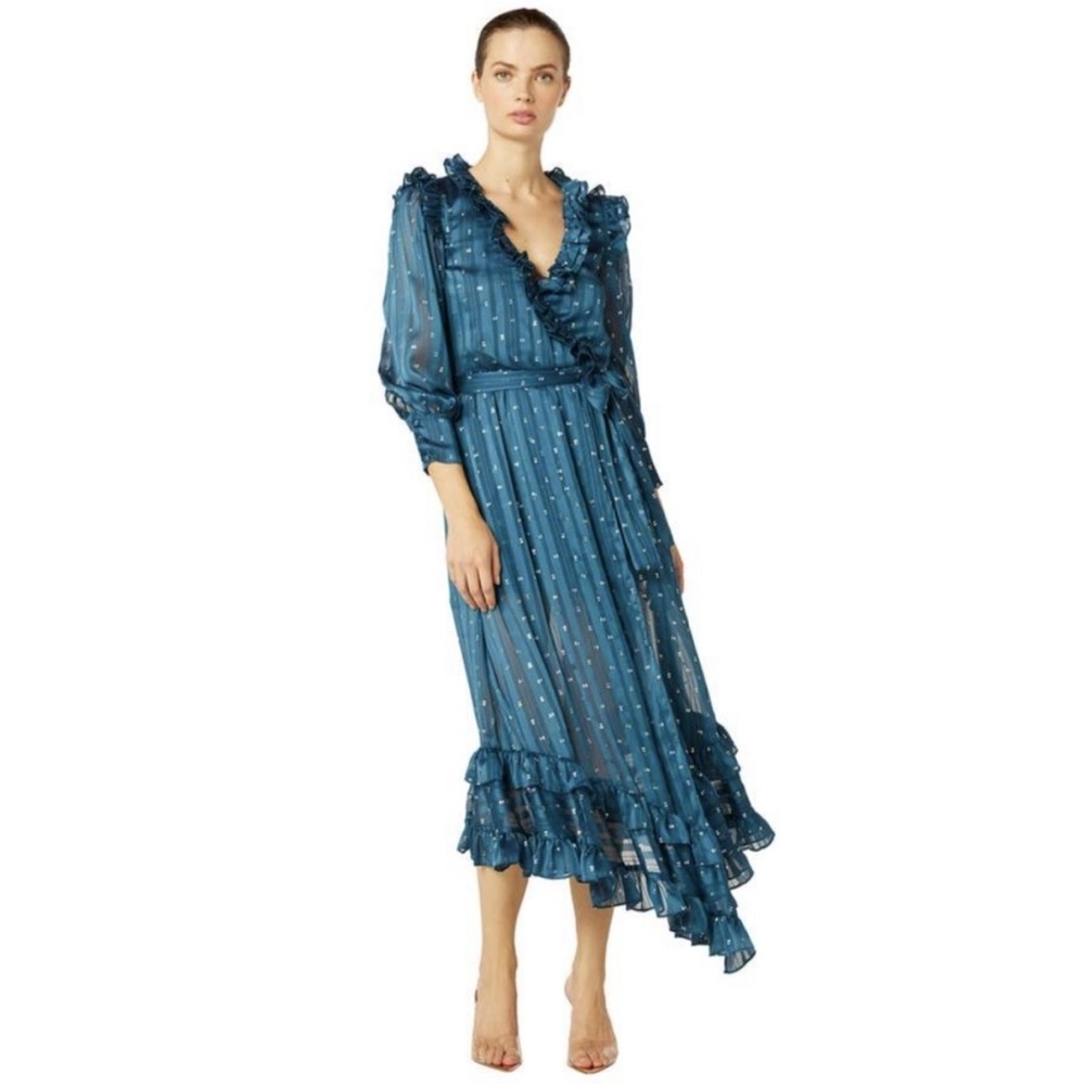 MISA Los Angeles Gabriella Midi Dress Teal Ruffle Tiered Crepe Medium